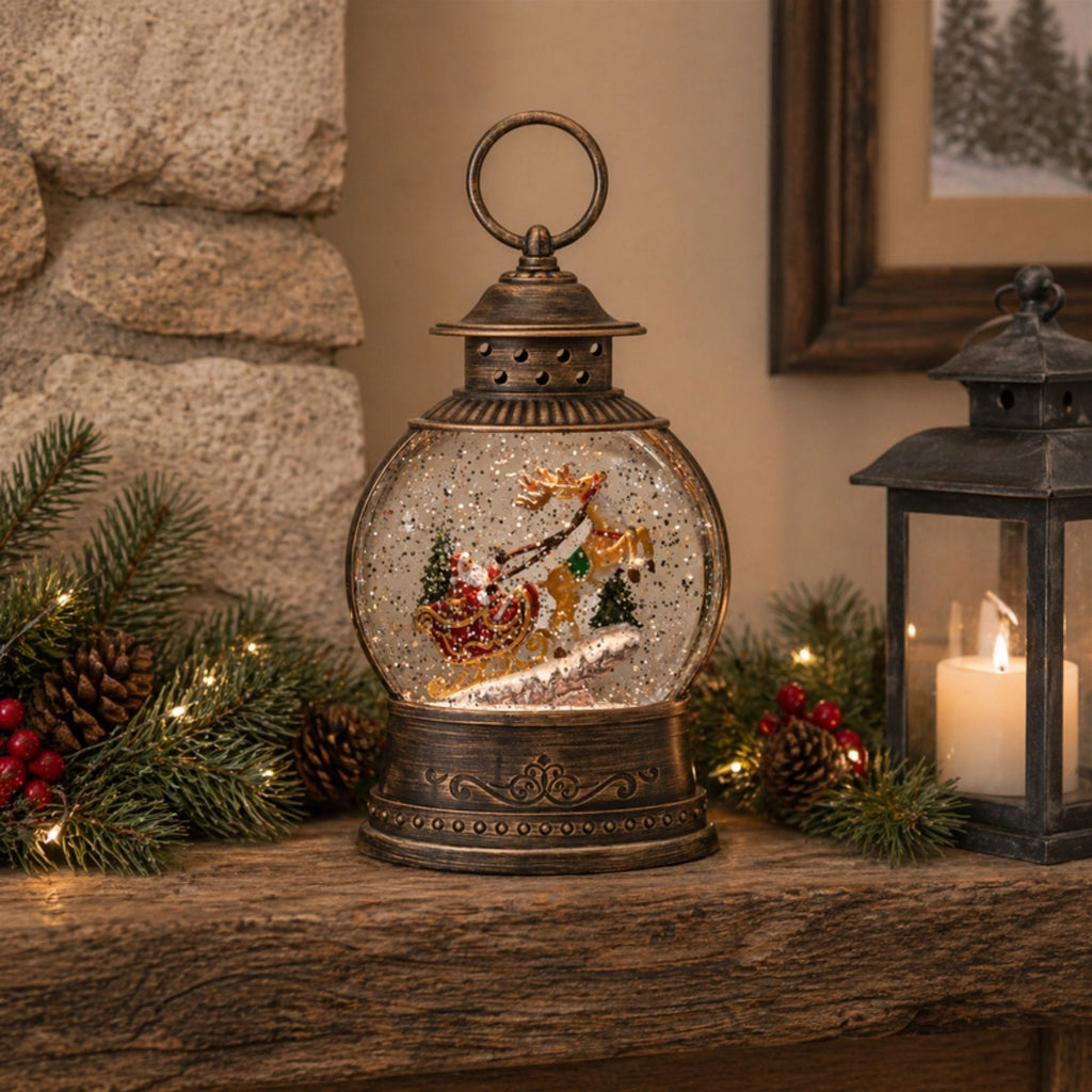 LED Santa in Sleigh Snow Globe 9"H