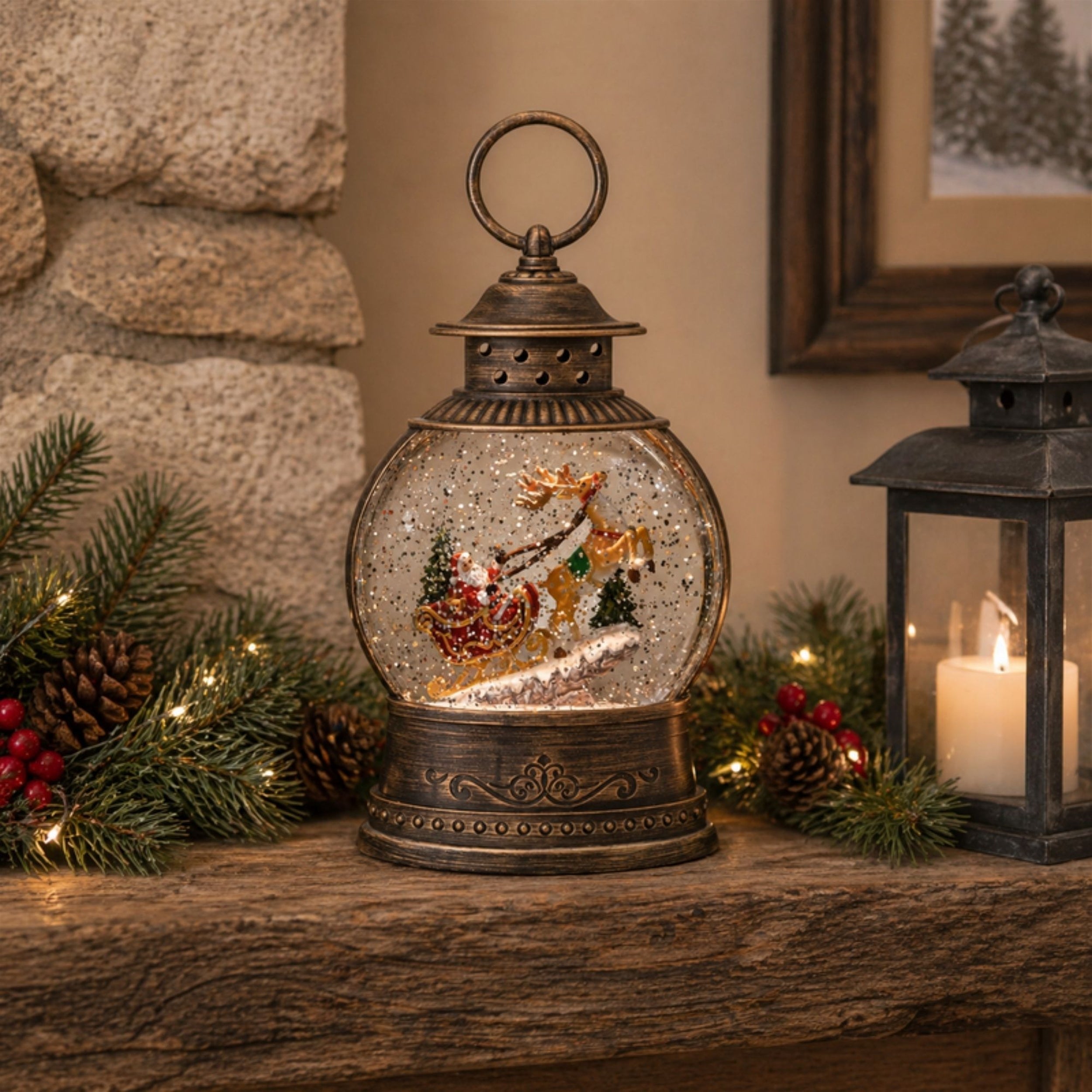 LED Santa in Sleigh Snow Globe 9"H