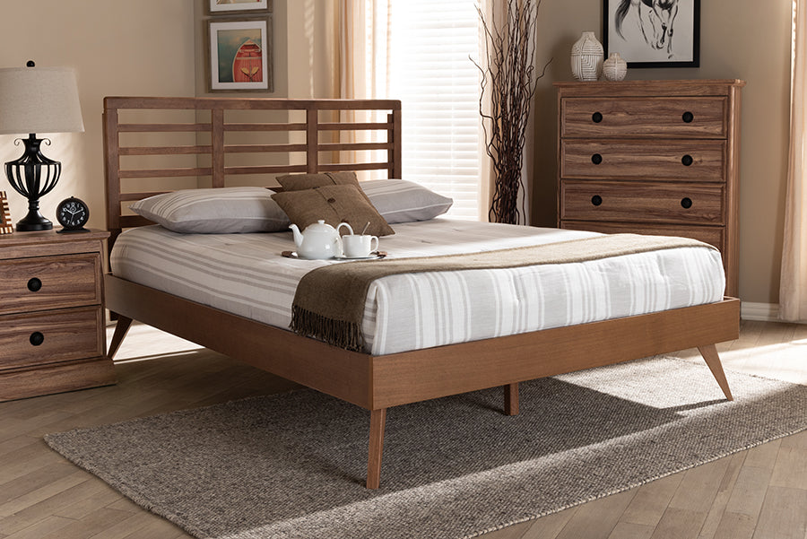 Baxton Studio Calisto Mid-Century Modern Walnut Brown Finished Wood Queen Size Platform Bed