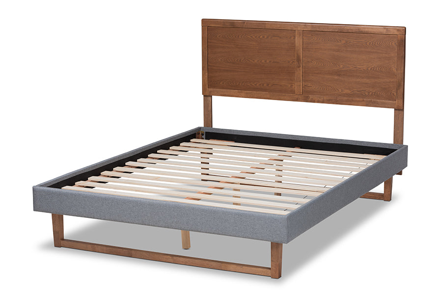 Baxton Studio Allegra Mid-Century Modern Dark Grey Fabric Upholstered and Ash Walnut Brown Finished Wood Queen Size Platform Bed