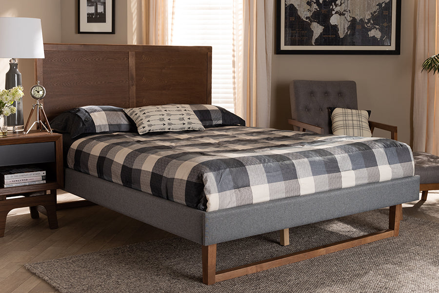 Baxton Studio Allegra Mid-Century Modern Dark Grey Fabric Upholstered and Ash Walnut Brown Finished Wood Full Size Platform Bed