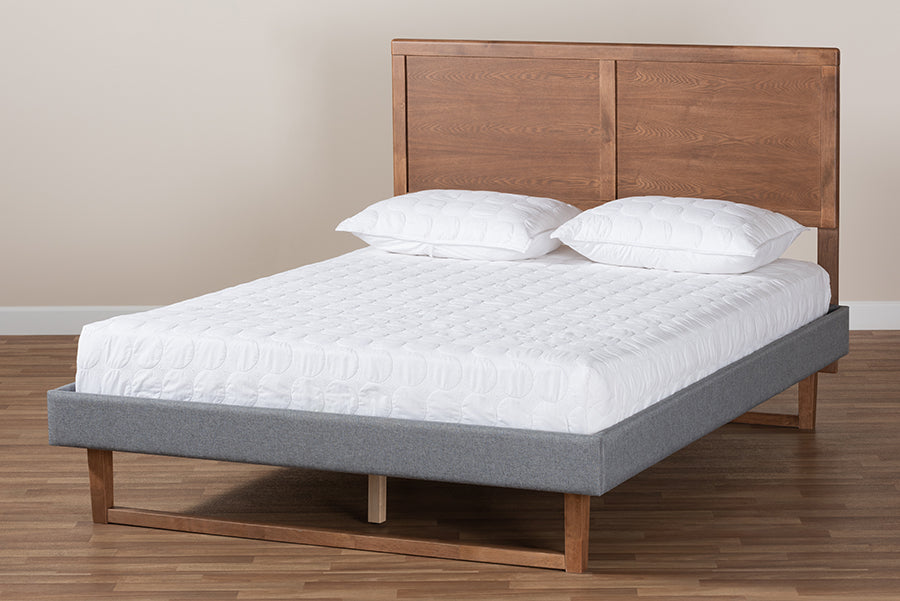 Baxton Studio Allegra Mid-Century Modern Dark Grey Fabric Upholstered and Ash Walnut Brown Finished Wood Queen Size Platform Bed