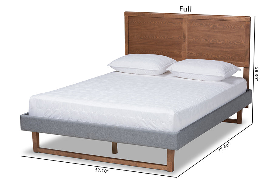 Baxton Studio Allegra Mid-Century Modern Dark Grey Fabric Upholstered and Ash Walnut Brown Finished Wood King Size Platform Bed