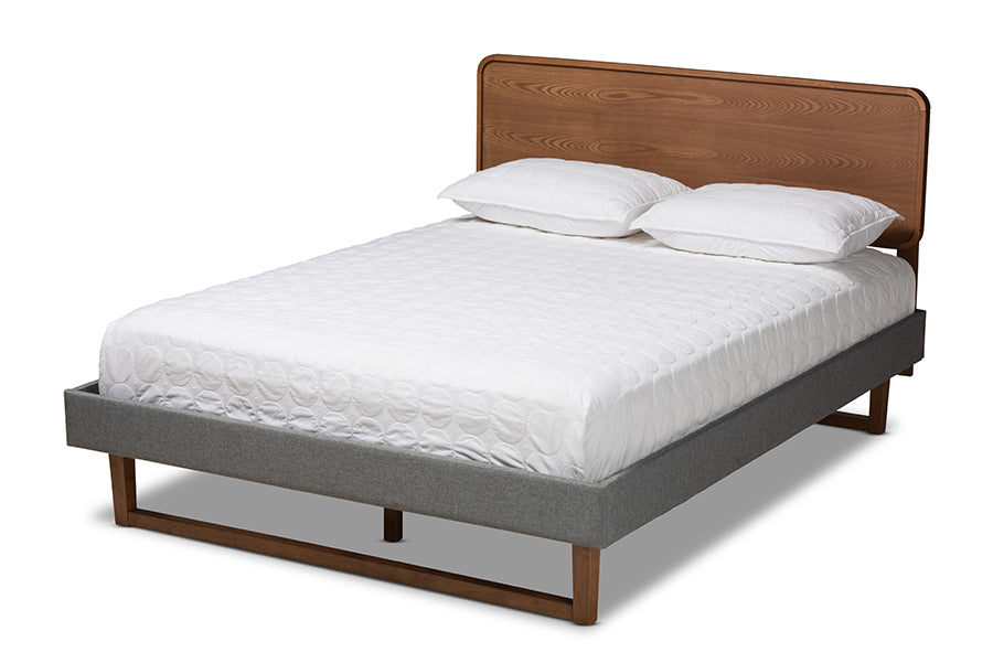Baxton Studio Ayla Mid-Century Modern Dark Grey Fabric Upholstered Walnut Brown Finished Wood King Size Platform Bed