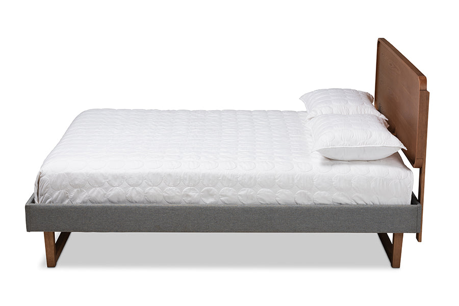 Baxton Studio Ayla Mid-Century Modern Dark Grey Fabric Upholstered Walnut Brown Finished Wood Full Size Platform Bed