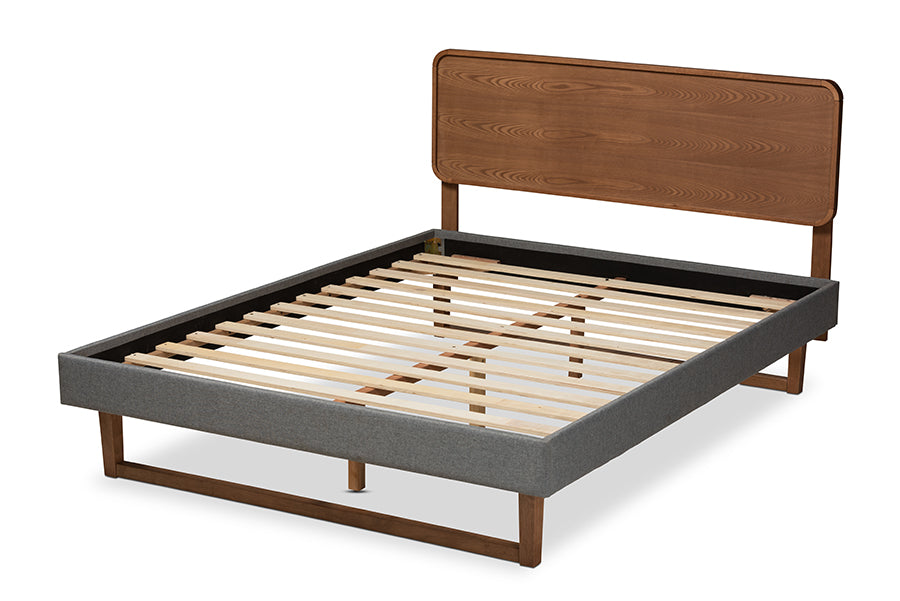 Baxton Studio Ayla Mid-Century Modern Dark Grey Fabric Upholstered Walnut Brown Finished Wood King Size Platform Bed