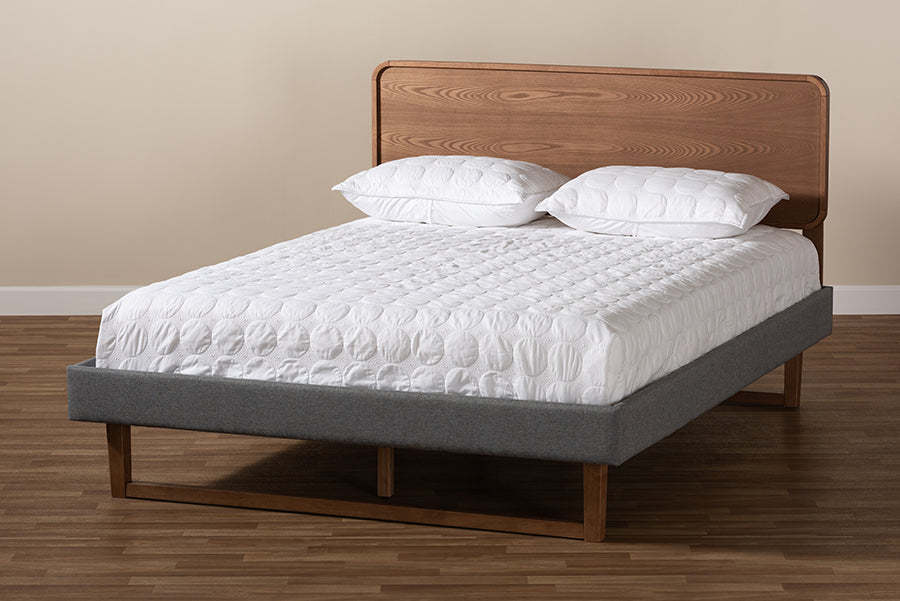 Baxton Studio Ayla Mid-Century Modern Dark Grey Fabric Upholstered Walnut Brown Finished Wood King Size Platform Bed