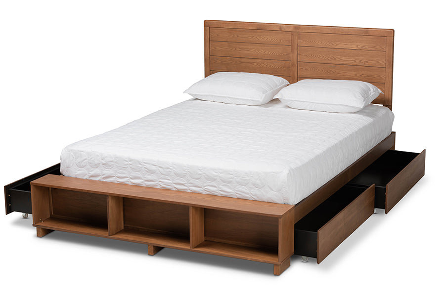 Baxton Studio Alba Modern Transitional Ash Walnut Brown Finished Wood Full Size 4-Drawer Platform Storage Bed with Built-In Shelves