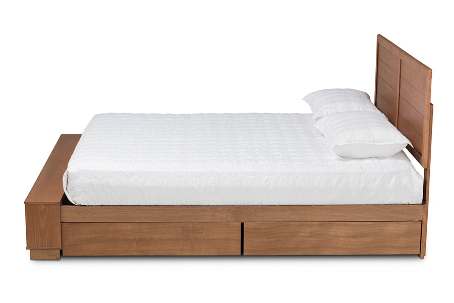Baxton Studio Alba Modern Transitional Ash Walnut Brown Finished Wood Full Size 4-Drawer Platform Storage Bed with Built-In Shelves