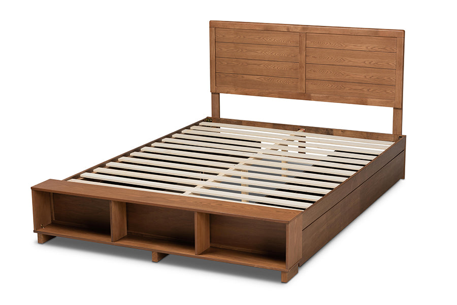 Baxton Studio Alba Modern Transitional Ash Walnut Brown Finished Wood Queen Size 4-Drawer Platform Storage Bed with Built-In Shelves