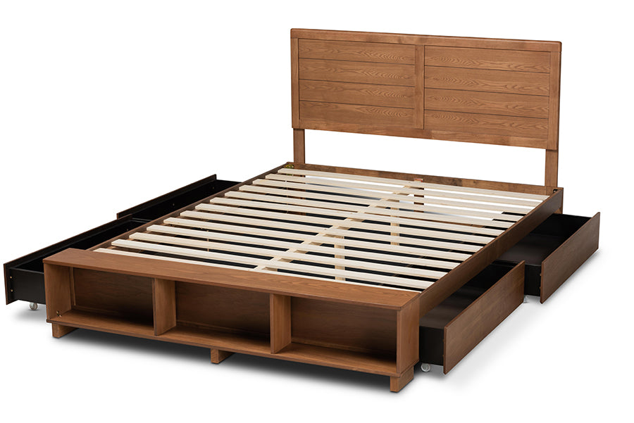 Baxton Studio Alba Modern Transitional Ash Walnut Brown Finished Wood Queen Size 4-Drawer Platform Storage Bed with Built-In Shelves
