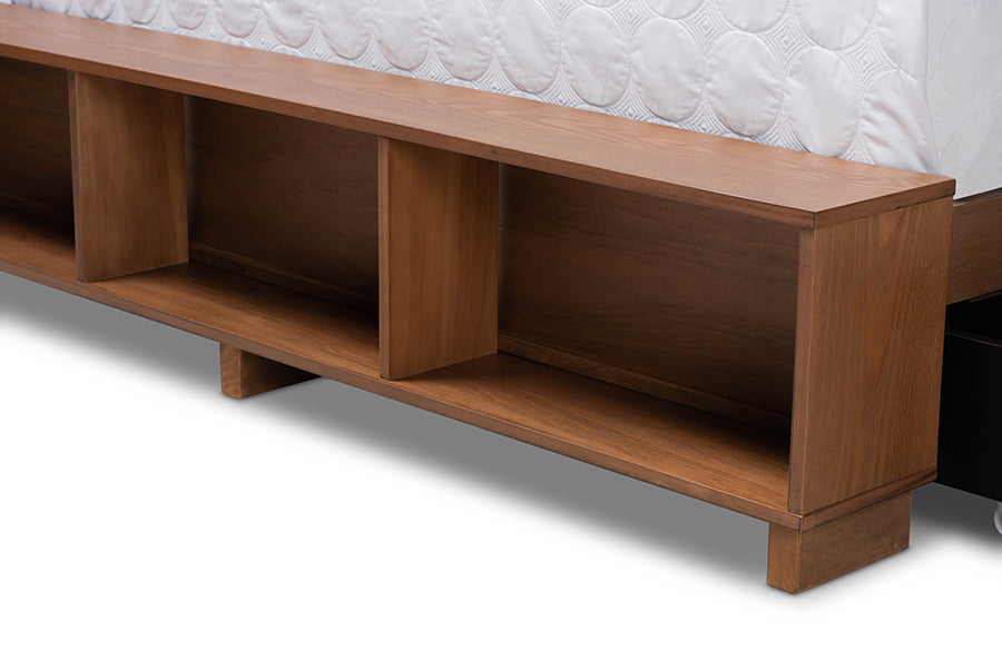 Baxton Studio Alba Modern Transitional Ash Walnut Brown Finished Wood Queen Size 4-Drawer Platform Storage Bed with Built-In Shelves