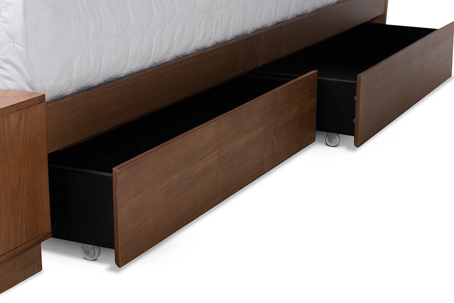 Baxton Studio Alba Modern Transitional Ash Walnut Brown Finished Wood Queen Size 4-Drawer Platform Storage Bed with Built-In Shelves