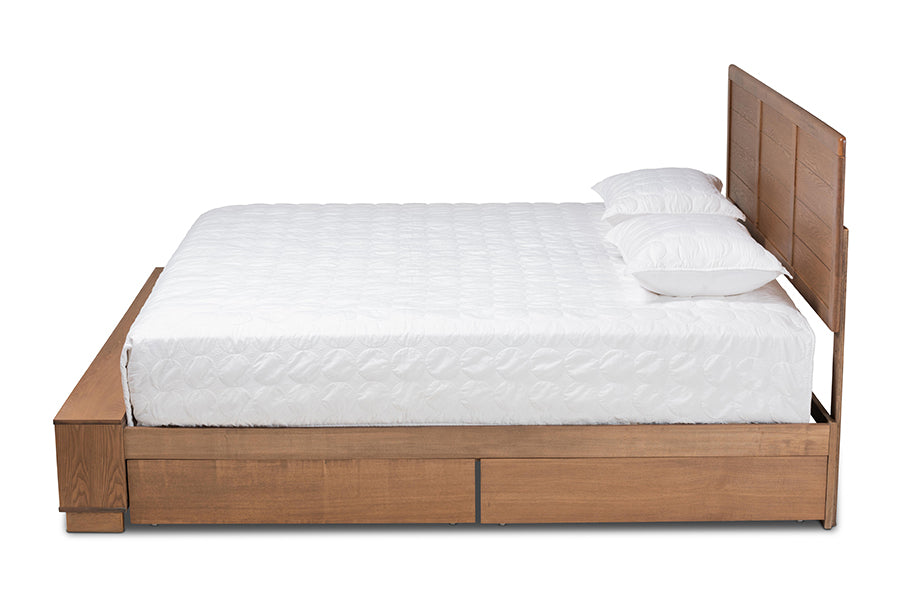 Baxton Studio Alba Modern Transitional Ash Walnut Brown Finished Wood King Size 4-Drawer Platform Storage Bed with Built-In Shelves
