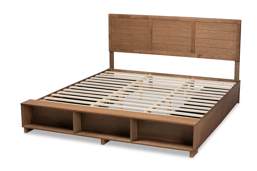 Baxton Studio Alba Modern Transitional Ash Walnut Brown Finished Wood King Size 4-Drawer Platform Storage Bed with Built-In Shelves