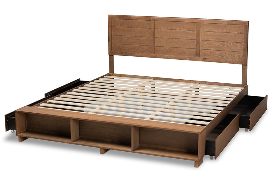 Baxton Studio Alba Modern Transitional Ash Walnut Brown Finished Wood King Size 4-Drawer Platform Storage Bed with Built-In Shelves