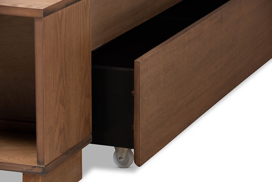 Baxton Studio Alba Modern Transitional Ash Walnut Brown Finished Wood King Size 4-Drawer Platform Storage Bed with Built-In Shelves