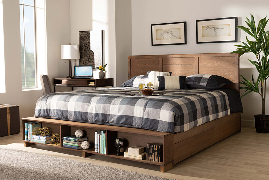 Baxton Studio Alba Modern Transitional Ash Walnut Brown Finished Wood King Size 4-Drawer Platform Storage Bed with Built-In Shelves
