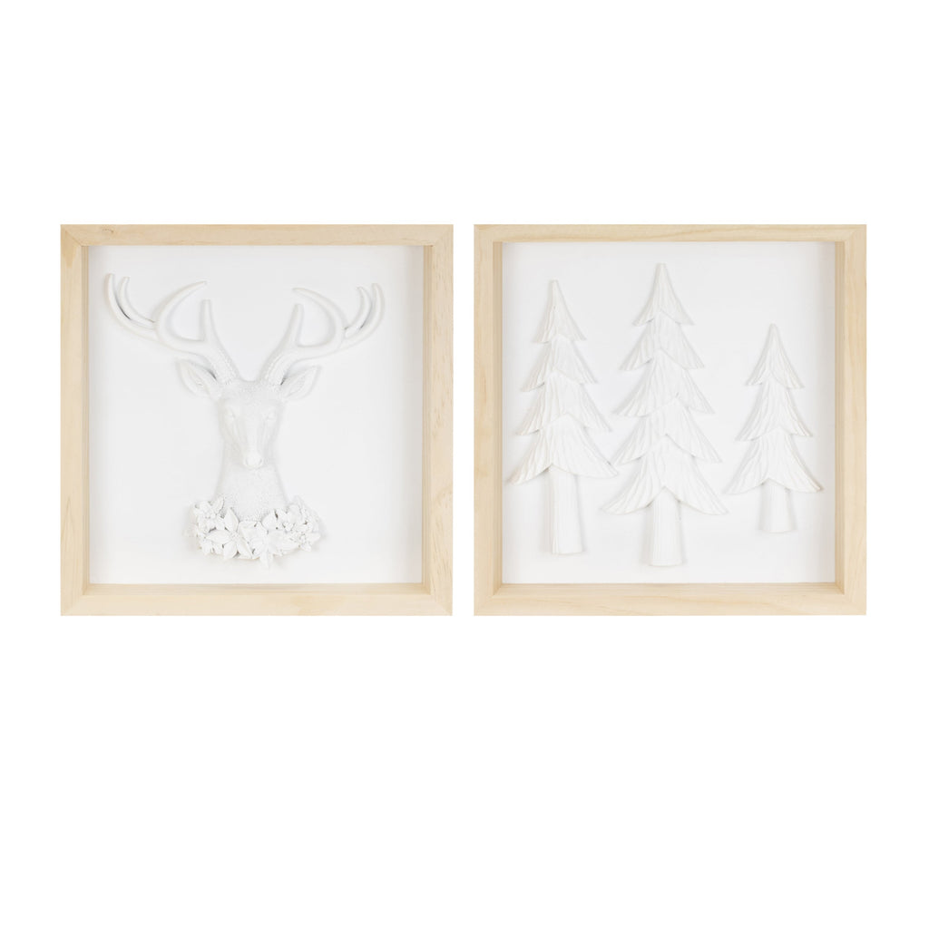 Framed Holiday Deer and Tree Artwork (Set of 2)