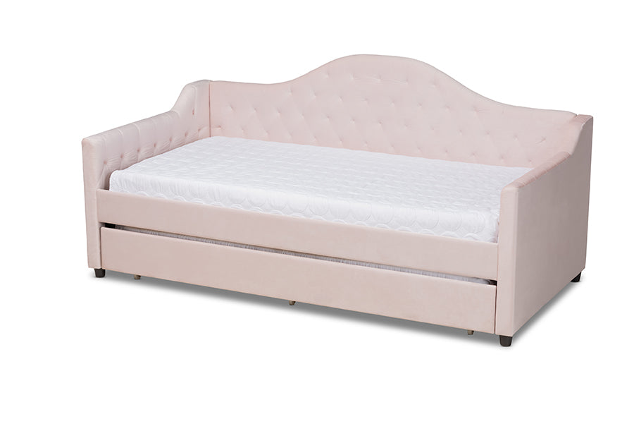 Baxton Studio Perry Modern and Contemporary Light Pink Velvet Fabric Upholstered and Button Tufted Twin Size Daybed with Trundle