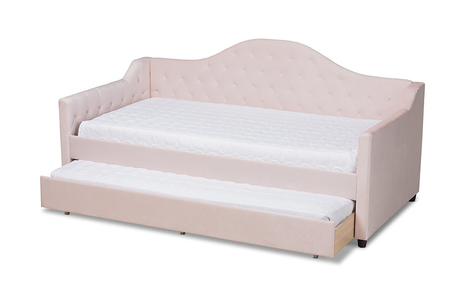 Baxton Studio Perry Modern and Contemporary Light Pink Velvet Fabric Upholstered and Button Tufted Twin Size Daybed with Trundle