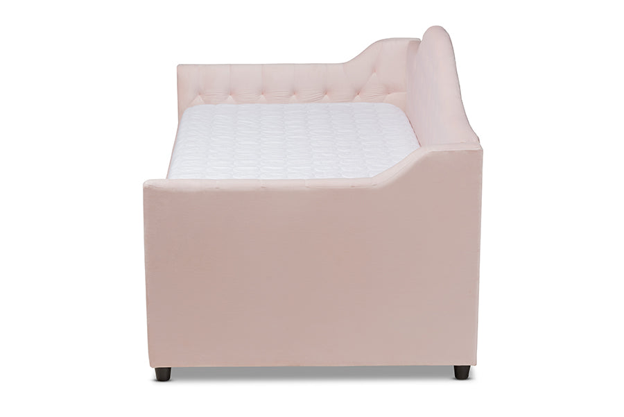Baxton Studio Perry Modern and Contemporary Light Pink Velvet Fabric Upholstered and Button Tufted Twin Size Daybed with Trundle