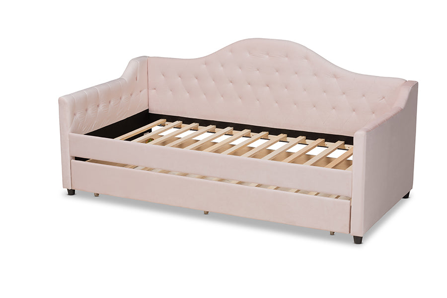 Baxton Studio Perry Modern and Contemporary Light Pink Velvet Fabric Upholstered and Button Tufted Twin Size Daybed with Trundle