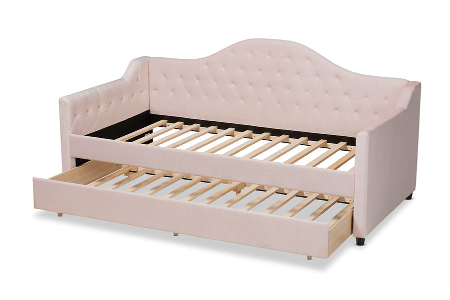 Baxton Studio Perry Modern and Contemporary Light Pink Velvet Fabric Upholstered and Button Tufted Twin Size Daybed with Trundle