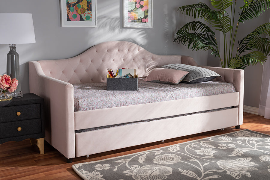 Baxton Studio Perry Modern and Contemporary Light Pink Velvet Fabric Upholstered and Button Tufted Twin Size Daybed with Trundle