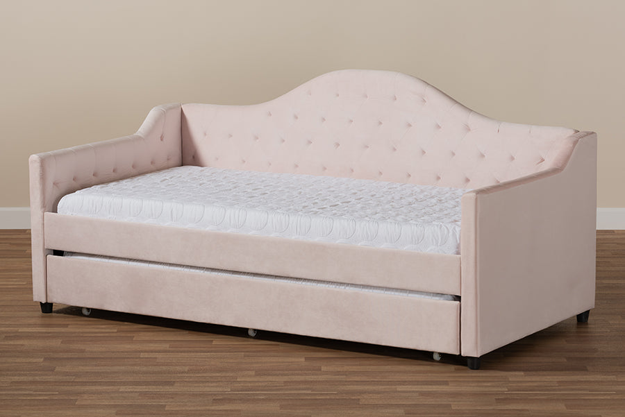 Baxton Studio Perry Modern and Contemporary Light Pink Velvet Fabric Upholstered and Button Tufted Twin Size Daybed with Trundle