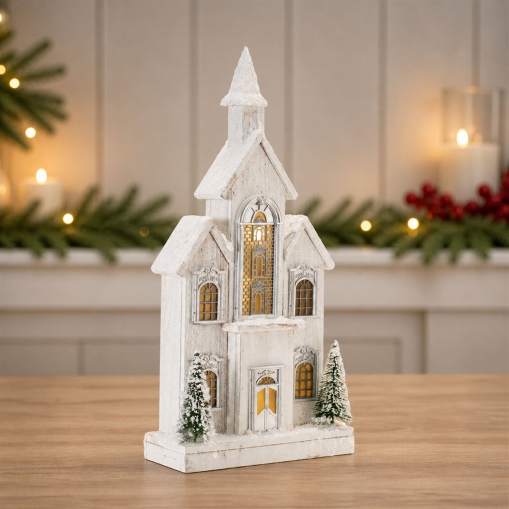 LED Flocked Wooden Church 22"H