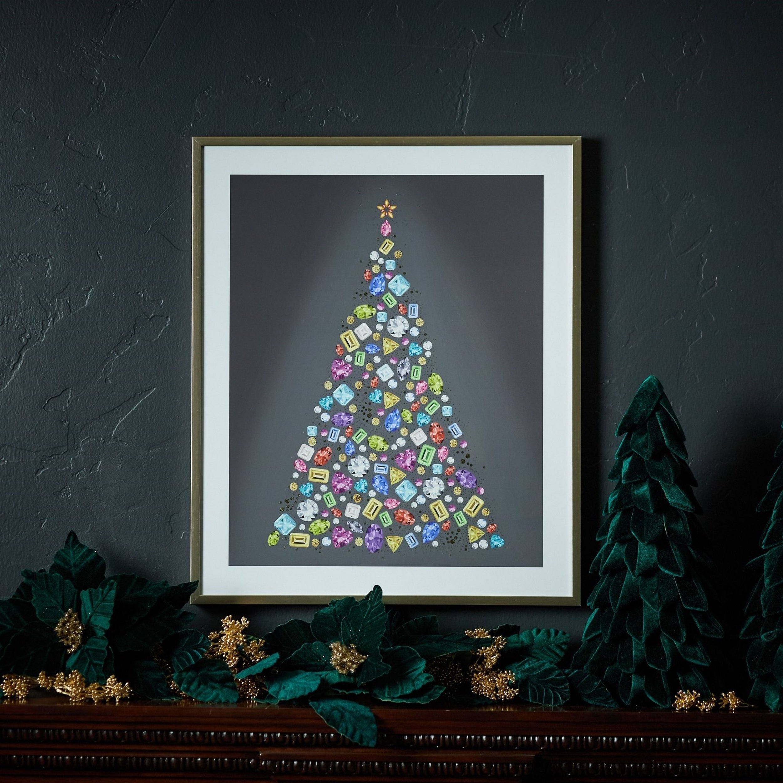 Holiday Jewel Tree Print Under Glass 23.5"H