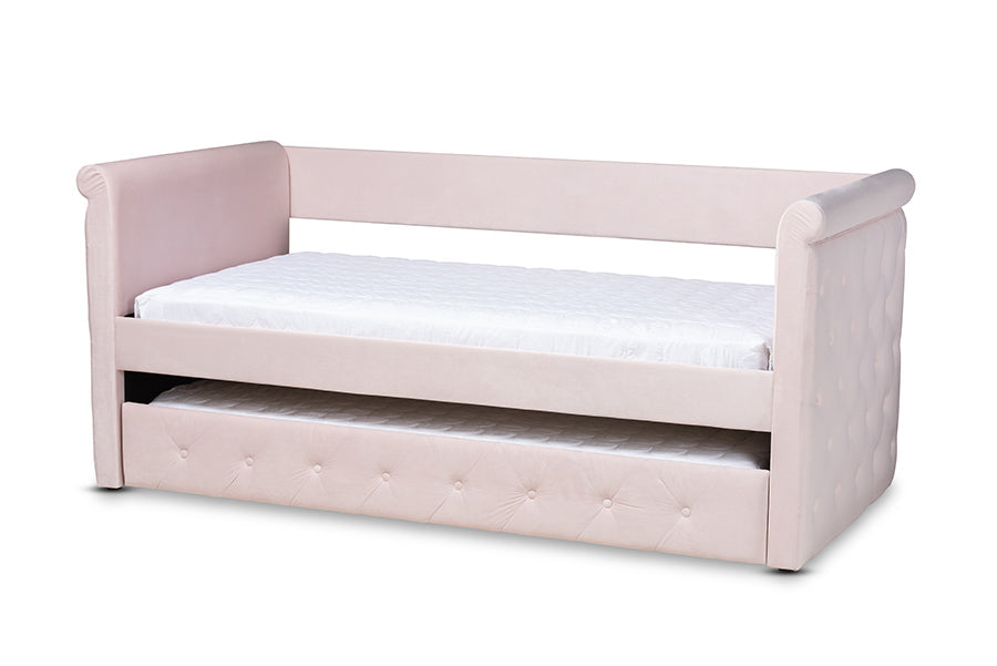 Baxton Studio Amaya Modern and Contemporary Light Pink Velvet Fabric Upholstered Twin Size Daybed with Trundle