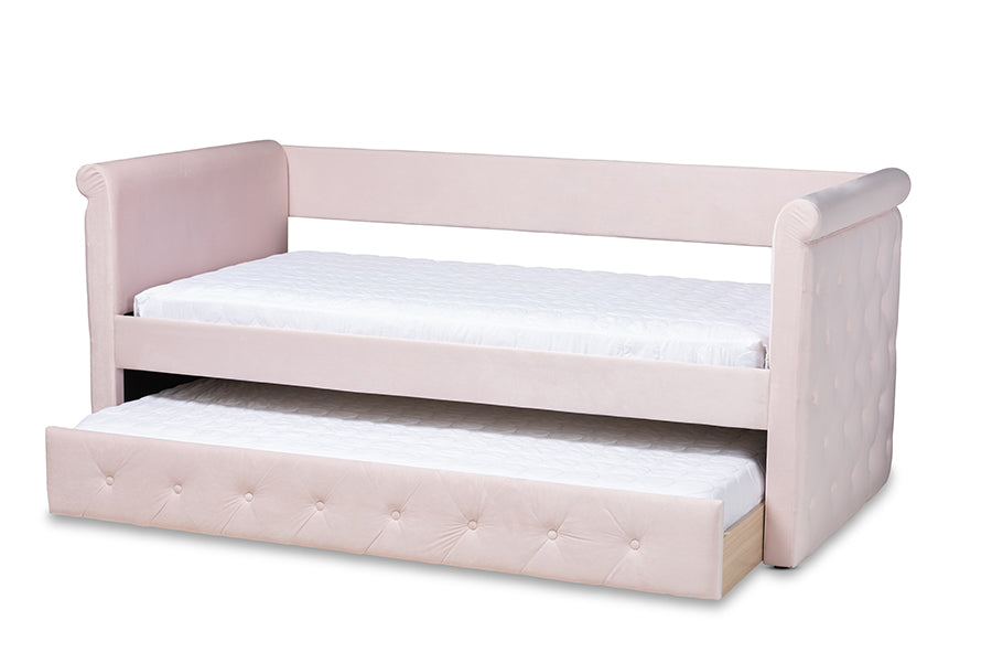 Baxton Studio Amaya Modern and Contemporary Light Pink Velvet Fabric Upholstered Twin Size Daybed with Trundle