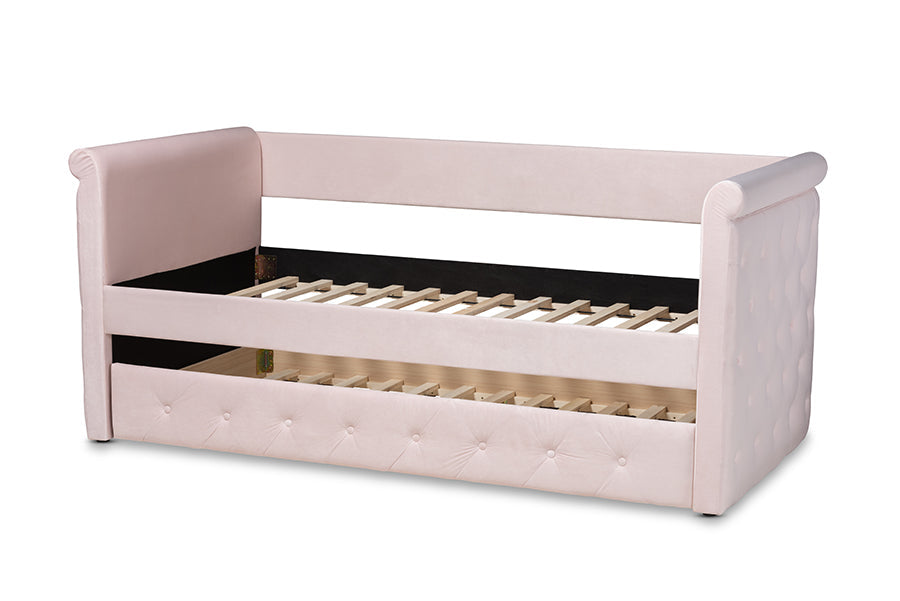 Baxton Studio Amaya Modern and Contemporary Light Pink Velvet Fabric Upholstered Twin Size Daybed with Trundle