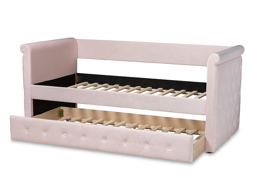 Baxton Studio Amaya Modern and Contemporary Light Pink Velvet Fabric Upholstered Twin Size Daybed with Trundle