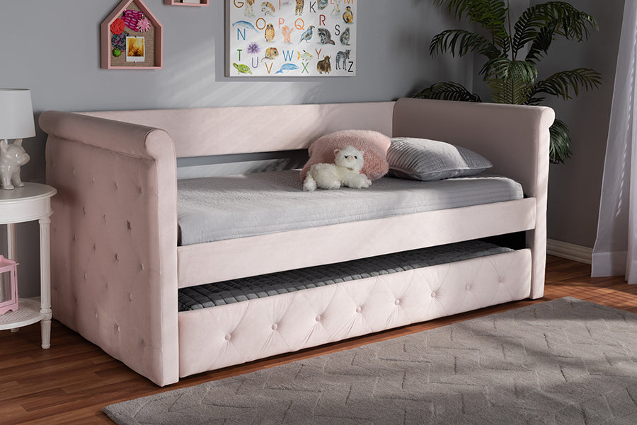 Baxton Studio Amaya Modern and Contemporary Light Pink Velvet Fabric Upholstered Twin Size Daybed with Trundle