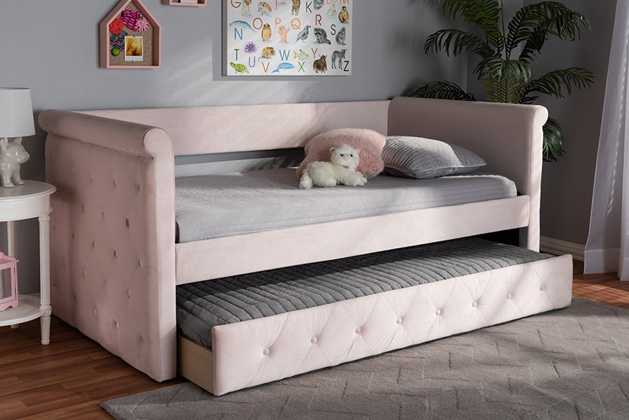 Baxton Studio Amaya Modern and Contemporary Light Pink Velvet Fabric Upholstered Twin Size Daybed with Trundle