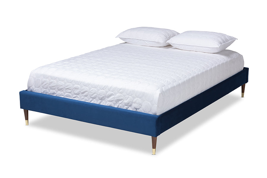 Baxton Studio Volden Glam and Luxe Navy Blue Velvet Fabric Upholstered Full Size Wood Platform Bed Frame with Gold-Tone Leg Tips