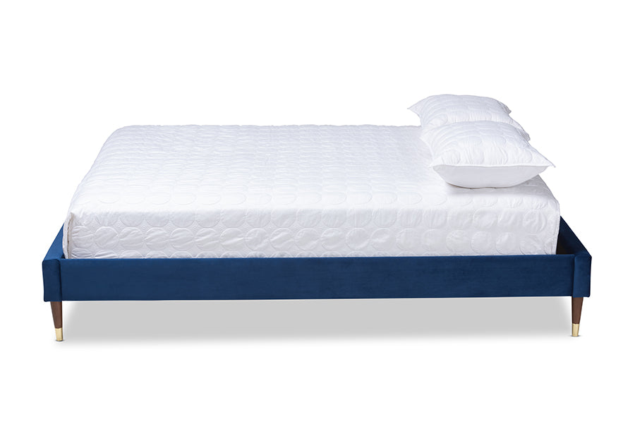Baxton Studio Volden Glam and Luxe Navy Blue Velvet Fabric Upholstered Full Size Wood Platform Bed Frame with Gold-Tone Leg Tips
