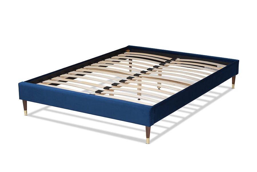 Baxton Studio Volden Glam and Luxe Navy Blue Velvet Fabric Upholstered Full Size Wood Platform Bed Frame with Gold-Tone Leg Tips