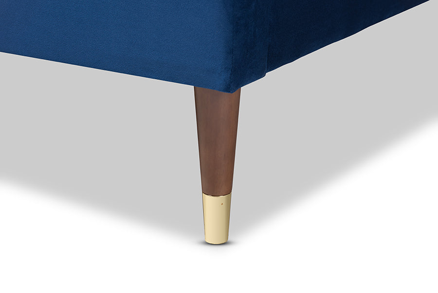 Baxton Studio Volden Glam and Luxe Navy Blue Velvet Fabric Upholstered Full Size Wood Platform Bed Frame with Gold-Tone Leg Tips