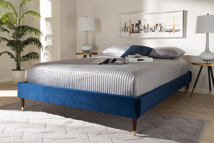Baxton Studio Volden Glam and Luxe Navy Blue Velvet Fabric Upholstered Full Size Wood Platform Bed Frame with Gold-Tone Leg Tips