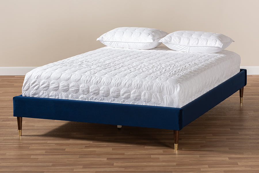Baxton Studio Volden Glam and Luxe Navy Blue Velvet Fabric Upholstered Full Size Wood Platform Bed Frame with Gold-Tone Leg Tips