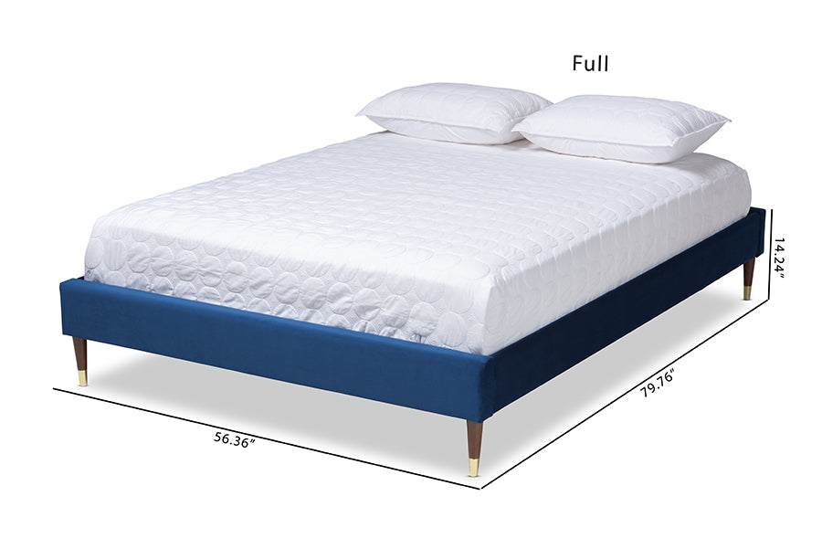 Baxton Studio Volden Glam and Luxe Navy Blue Velvet Fabric Upholstered Full Size Wood Platform Bed Frame with Gold-Tone Leg Tips