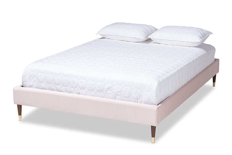 Baxton Studio Volden Glam and Luxe Light Pink Velvet Fabric Upholstered Full Size Wood Platform Bed Frame with Gold-Tone Leg Tips
