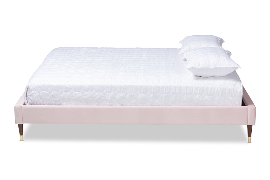 Baxton Studio Volden Glam and Luxe Light Pink Velvet Fabric Upholstered Full Size Wood Platform Bed Frame with Gold-Tone Leg Tips