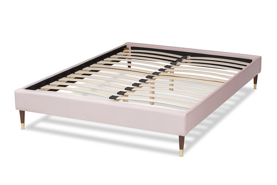 Baxton Studio Volden Glam and Luxe Light Pink Velvet Fabric Upholstered Full Size Wood Platform Bed Frame with Gold-Tone Leg Tips