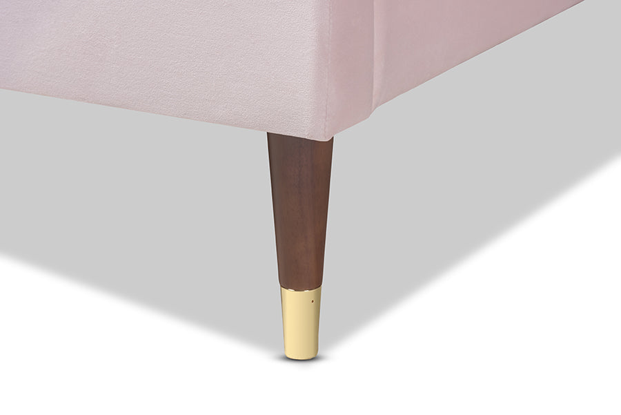 Baxton Studio Volden Glam and Luxe Light Pink Velvet Fabric Upholstered Full Size Wood Platform Bed Frame with Gold-Tone Leg Tips