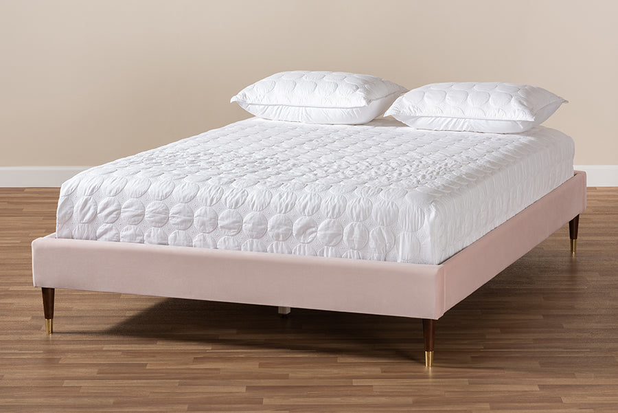 Baxton Studio Volden Glam and Luxe Light Pink Velvet Fabric Upholstered Full Size Wood Platform Bed Frame with Gold-Tone Leg Tips
